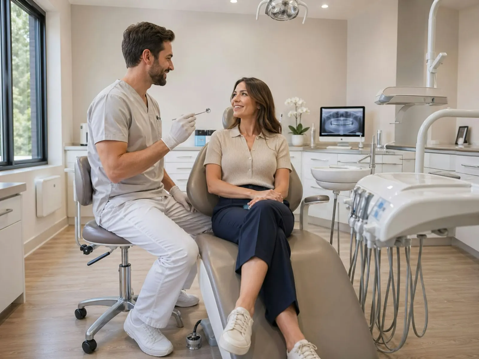 A dentist talking with a patient in the dental chair