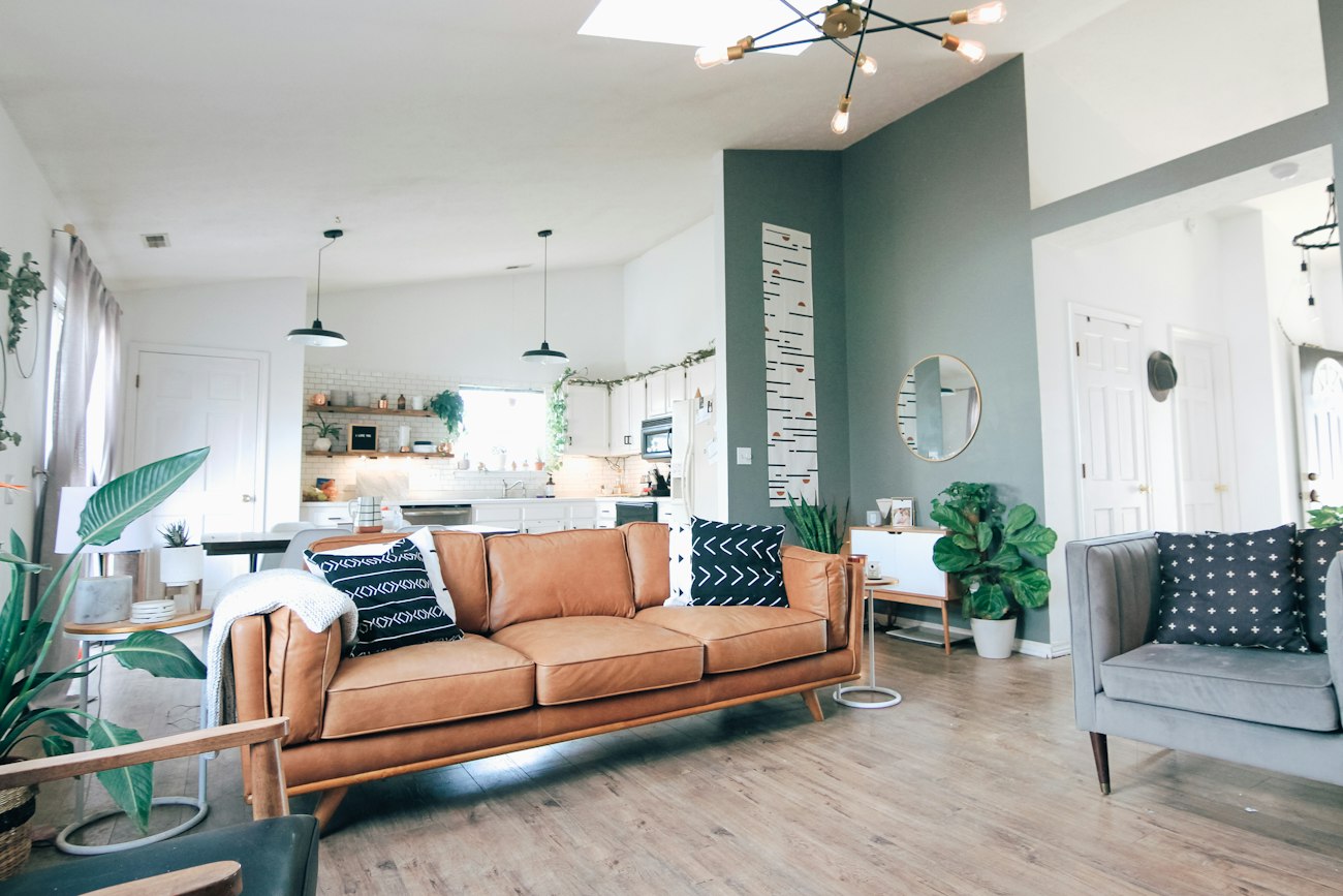 A bright living room with large windows