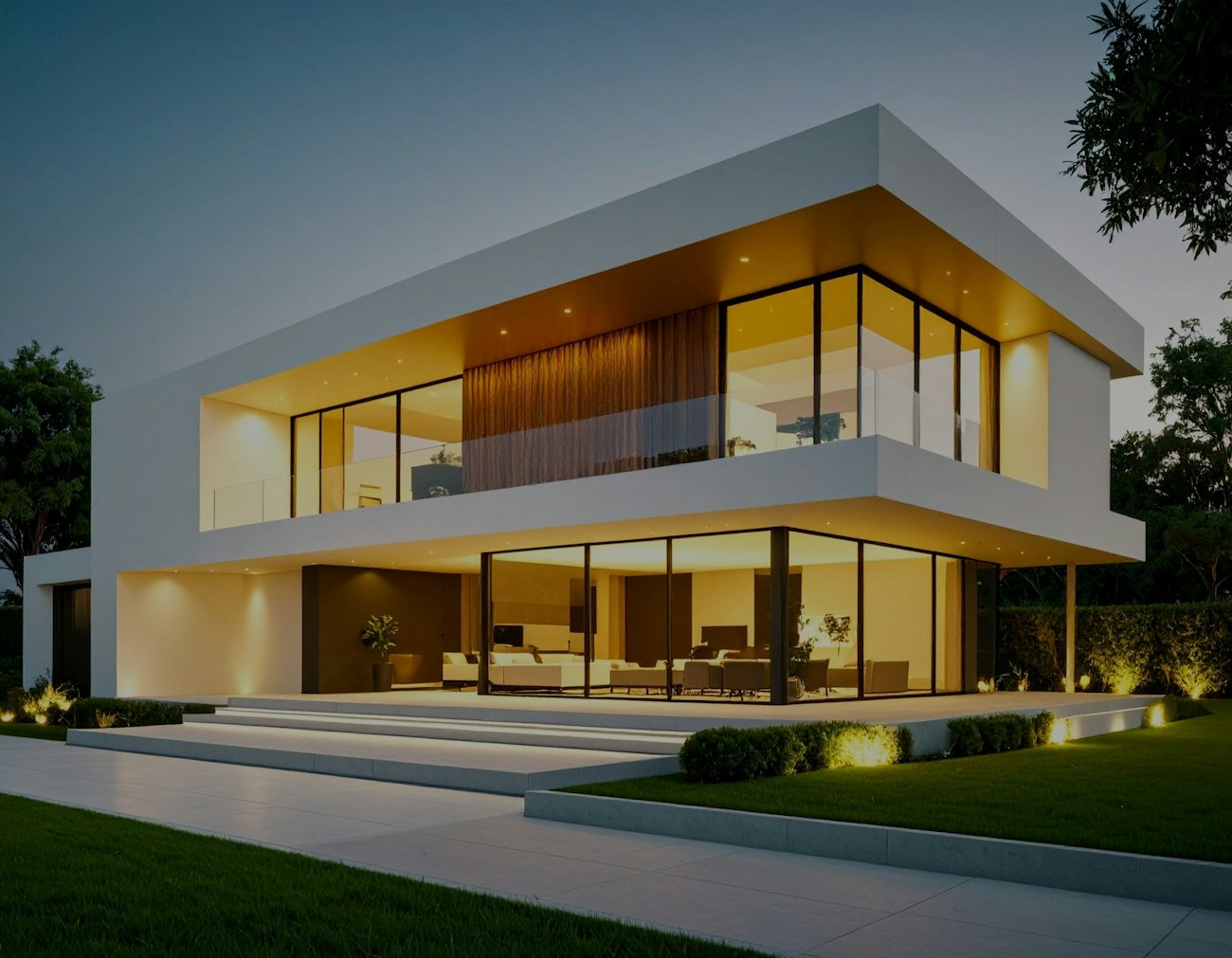 A modern house glowing with lights at dusk